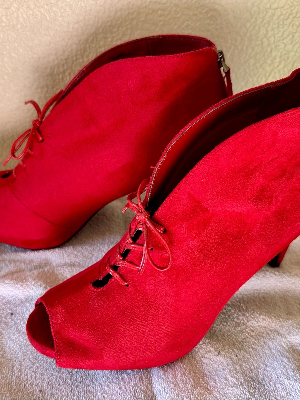 Red Suede Peep-Toe Lace-Up Women's Booties